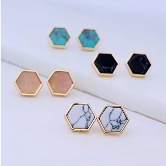 White & Gold Stone Hexagon Stud Boho Earrings - Picture 2 of 3